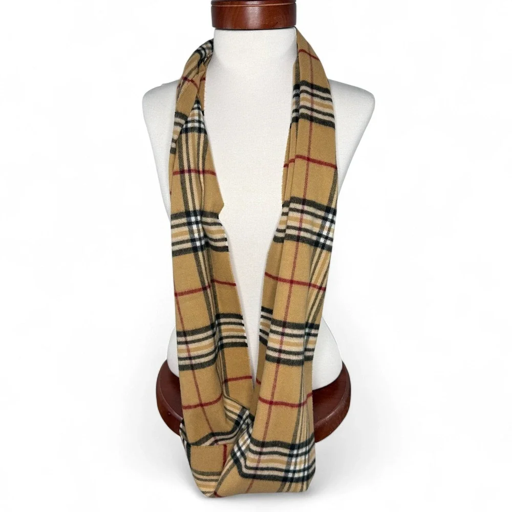 Cashmink Beige Tan Plaid‎ Infinity Scarf Camel Checkered Classic Cozy Preppy